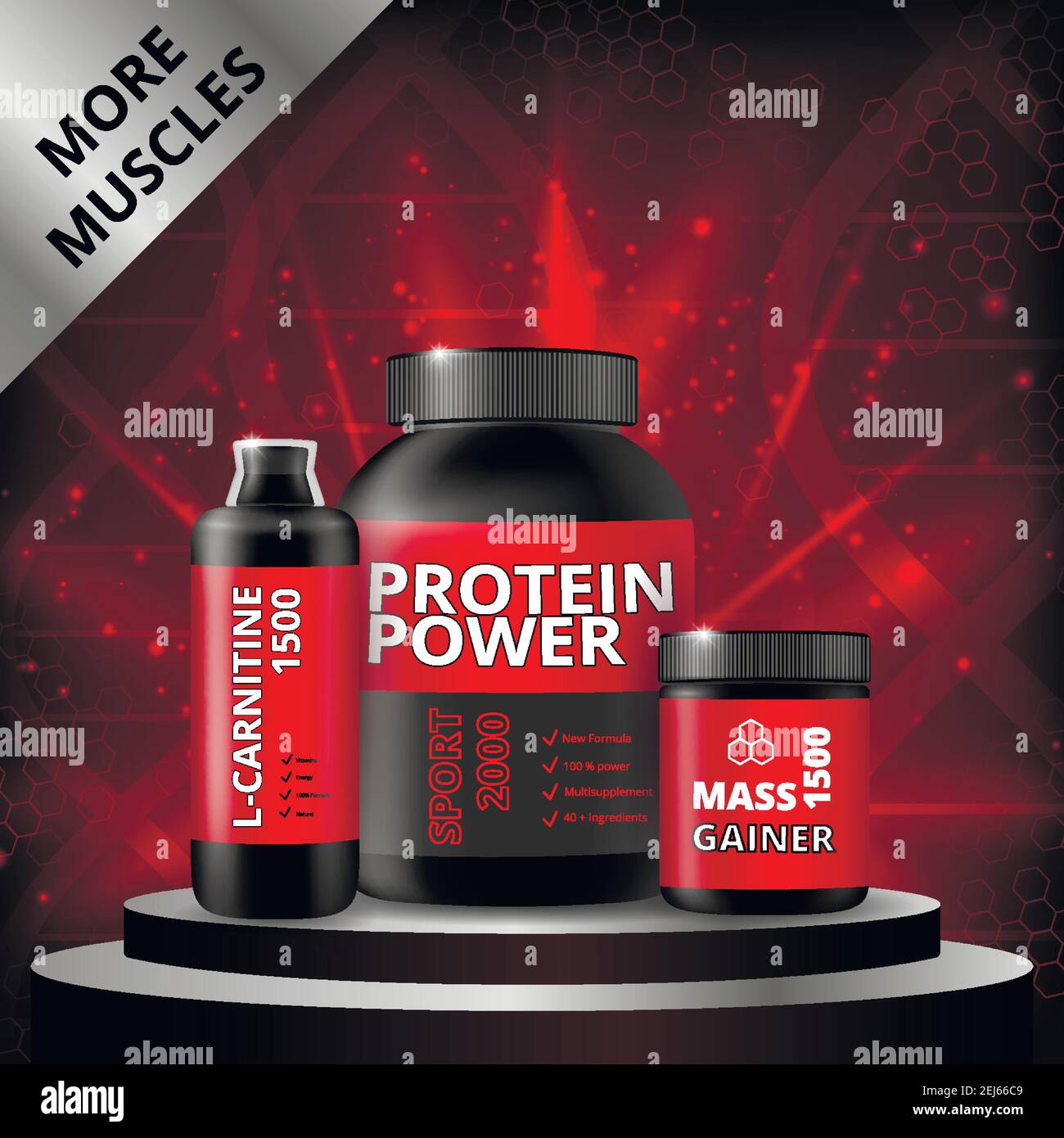 Sports nutrition realistic composition with products in black packaging on pedestal on red sparkling background vector illustration Stock Vector
