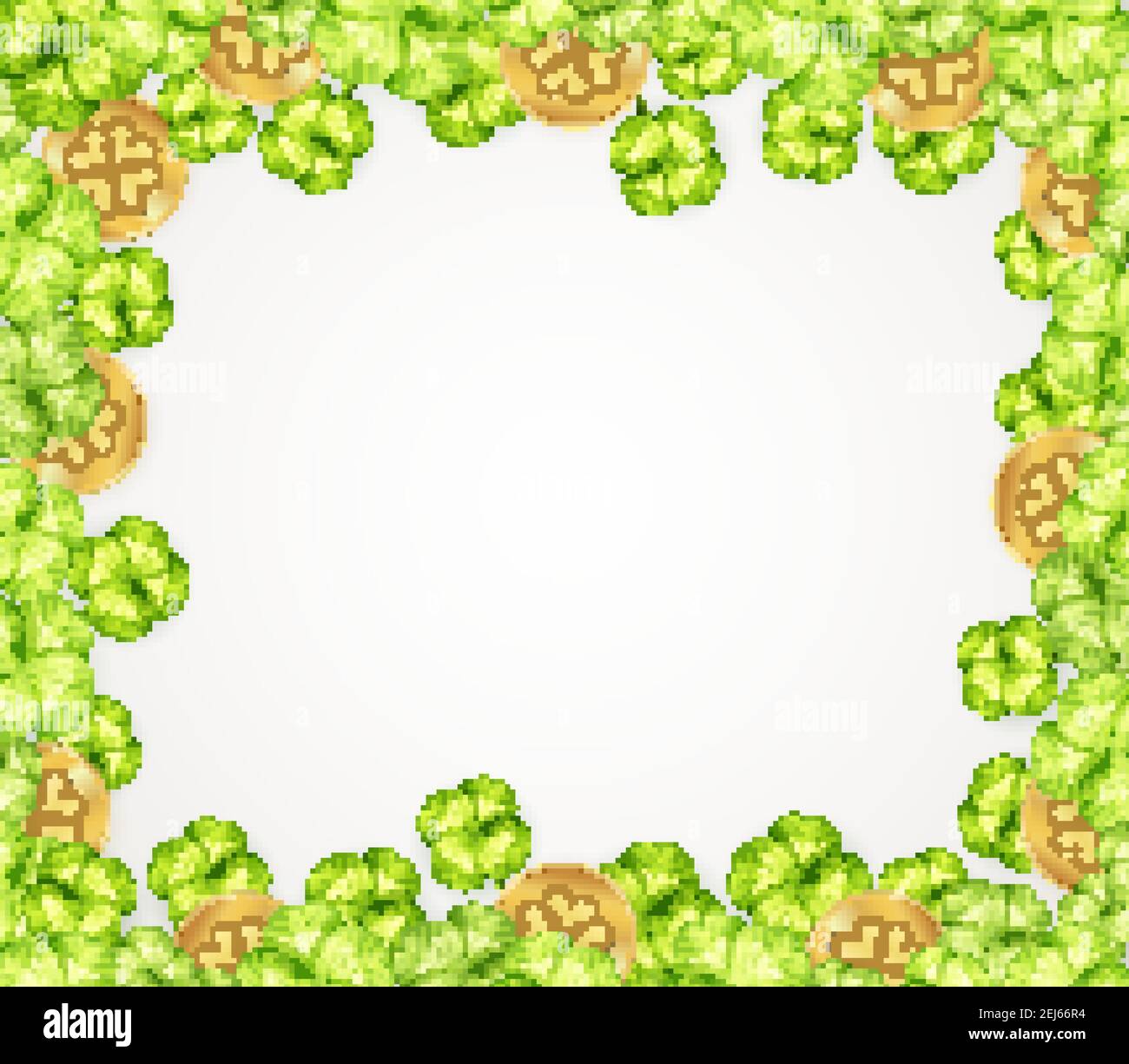 St patricks day festive frame with leaves of clover and golden coins on ...