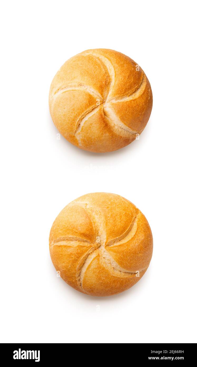 Baked bread rolls isolated on white background. Top view Stock Photo