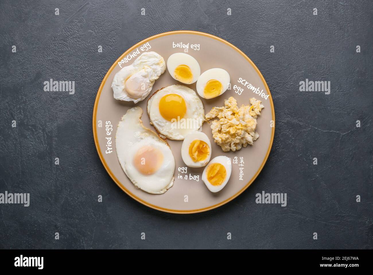 Plate with different delicious egg recipes on dark background Stock Photo