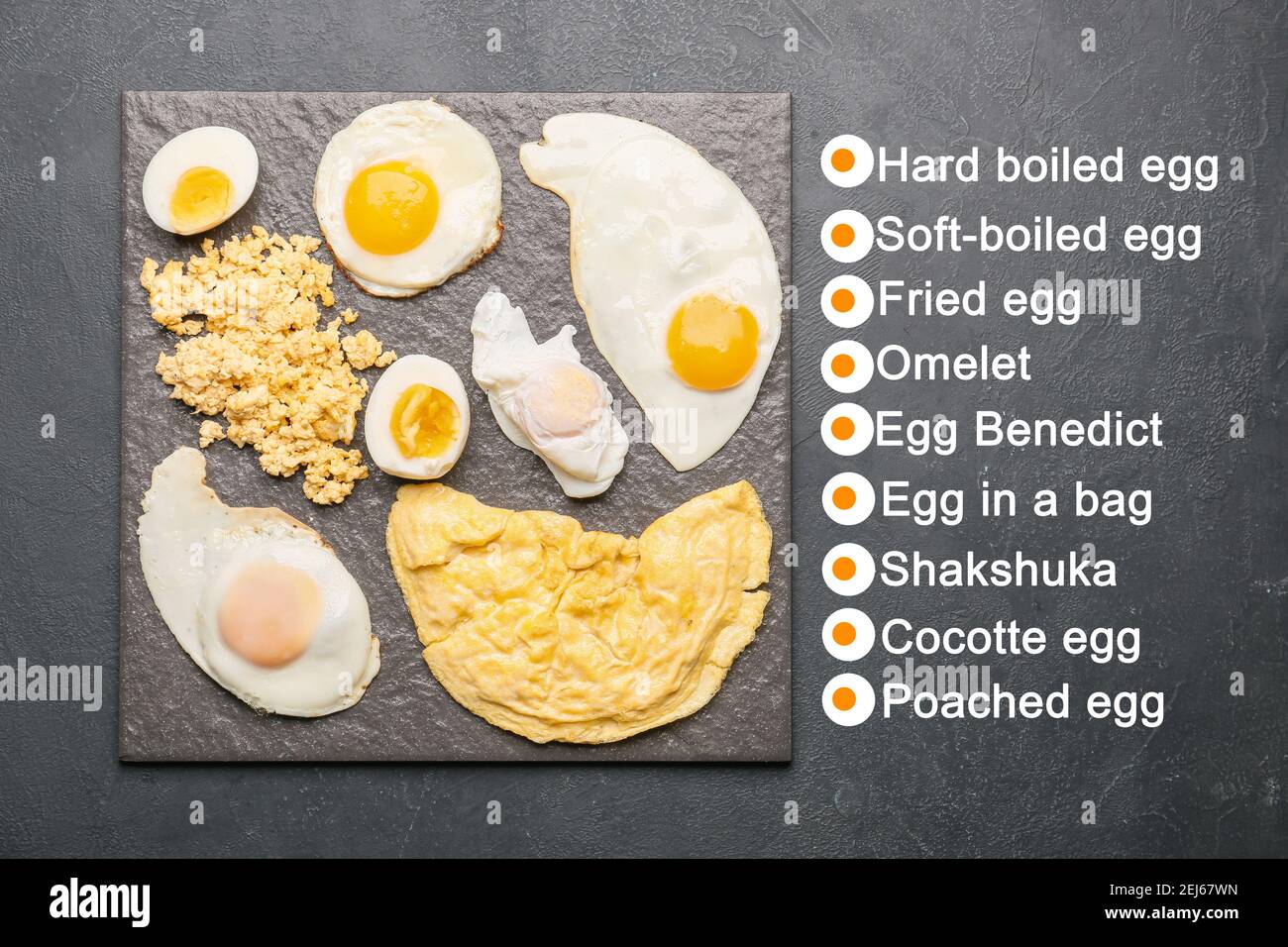 Different delicious egg recipes on dark background Stock Photo