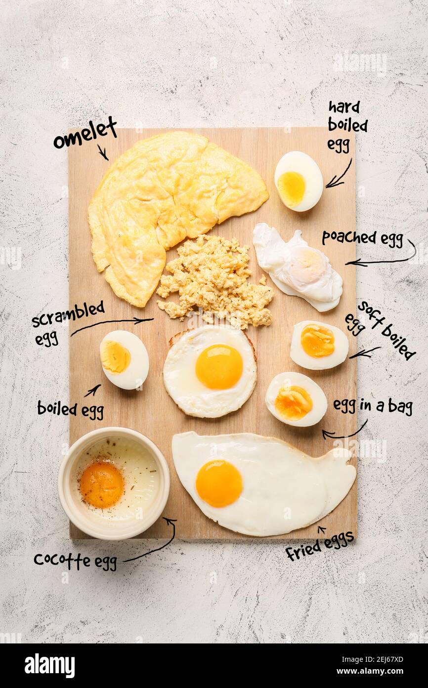 Different delicious egg recipes on light background Stock Photo