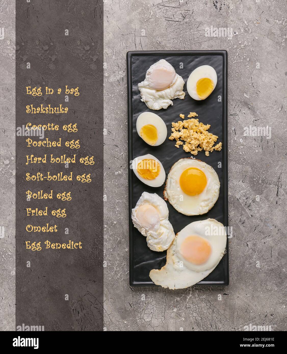 Different delicious egg recipes on grunge background Stock Photo