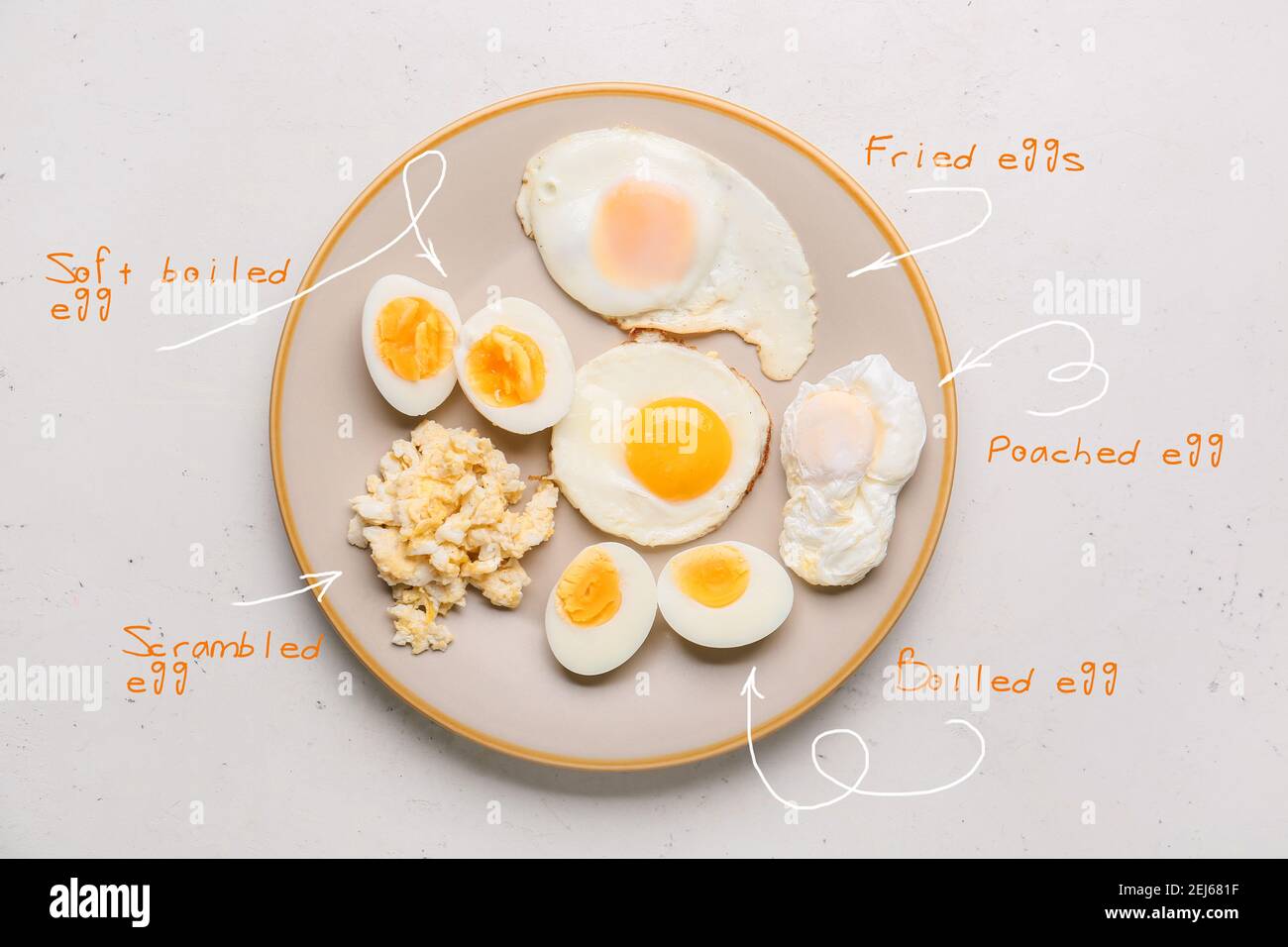 Plate with different delicious egg recipes on light background Stock Photo