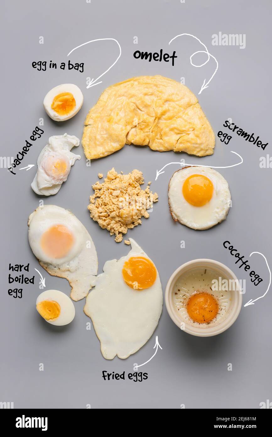 Different delicious egg recipes on grey background Stock Photo