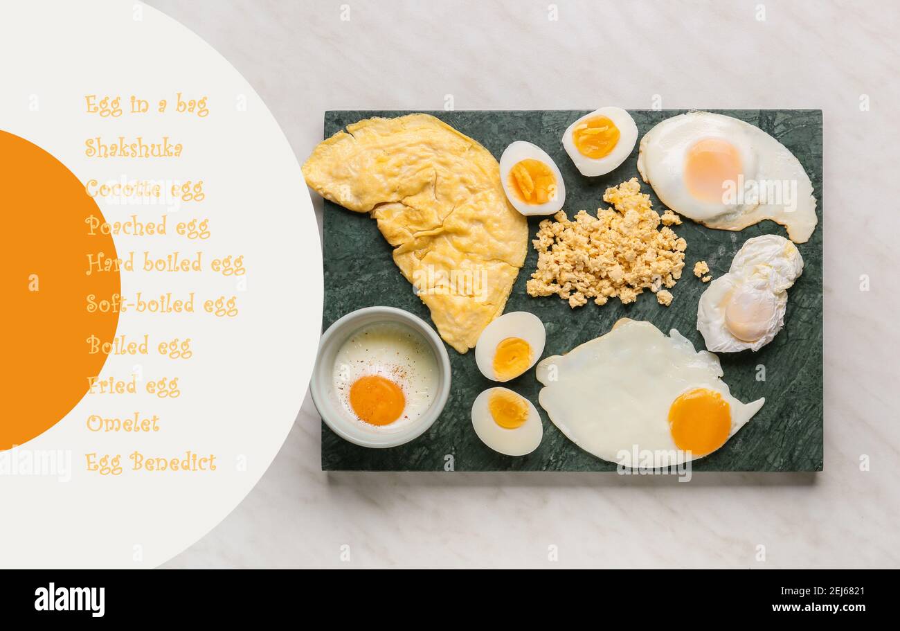 Different delicious egg recipes on light background Stock Photo