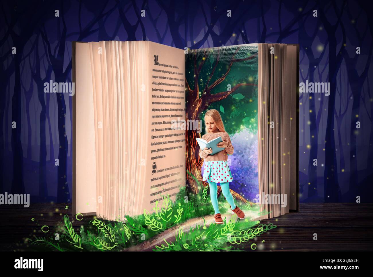Little girl with magic book in fairy forest Stock Photo - Alamy