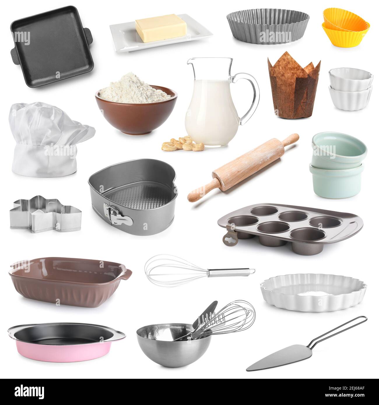 Set of kitchen utensils for bakery and products on white background