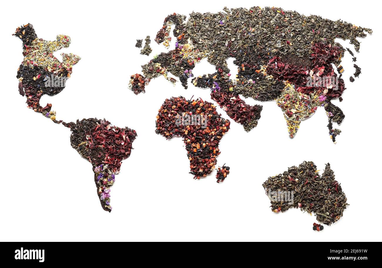 World map made of different sorts of tea on white background Stock ...