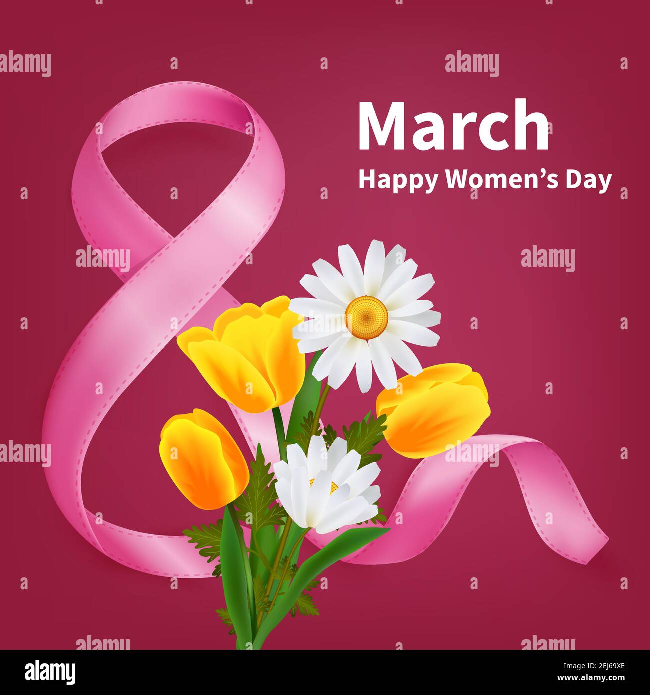 Purple realistic background to march 8th holiday with bunch of flowers