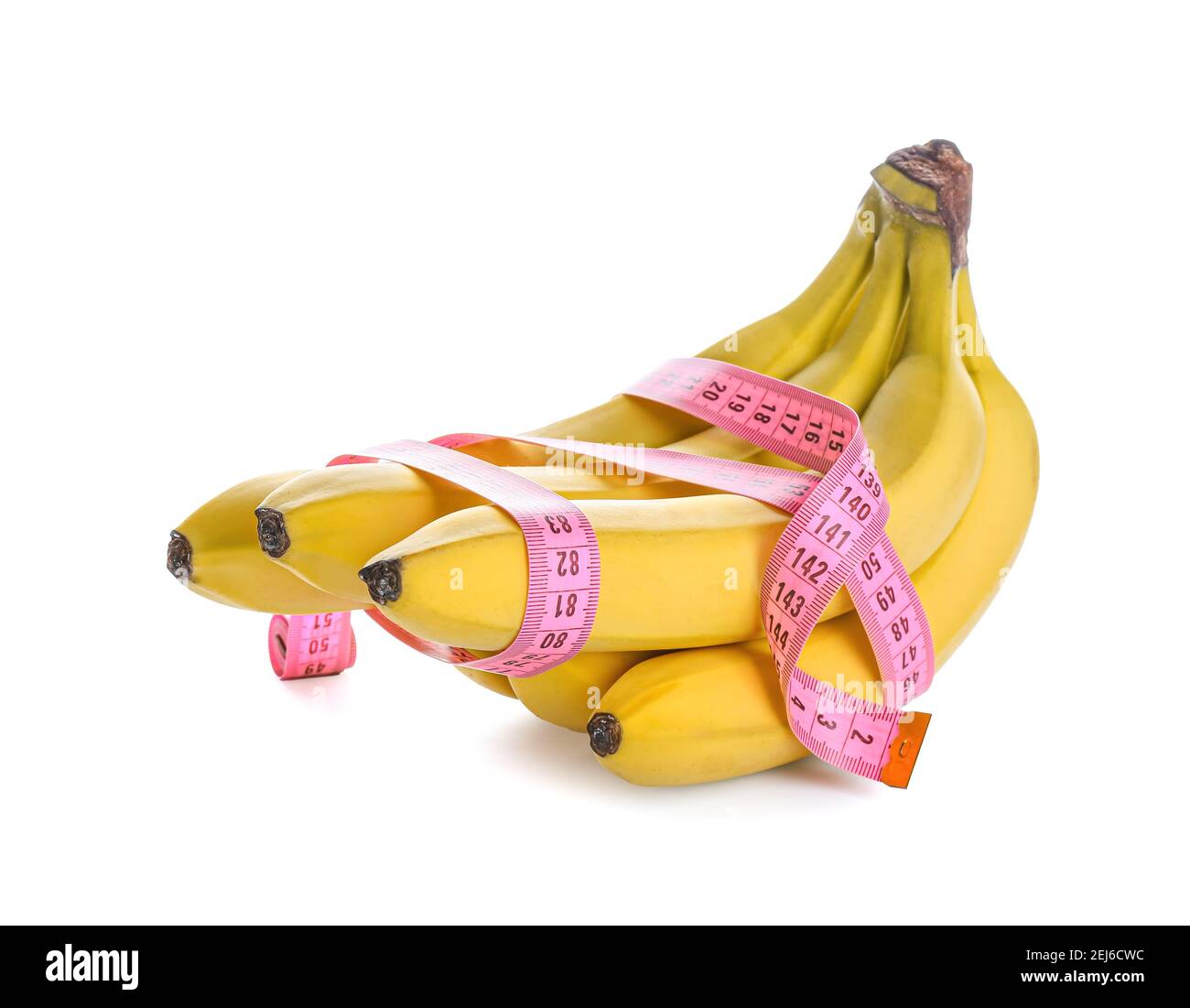 Ripe bananas and measuring tape on white background. Weight loss