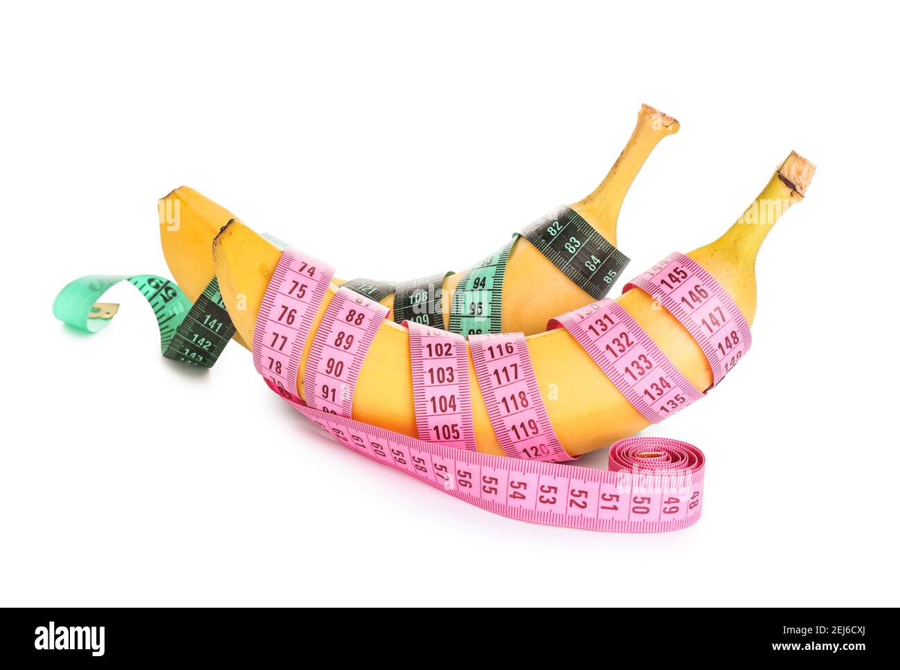 Ripe bananas and measuring tape on white background. Weight loss concept Stock Photo Alamy
