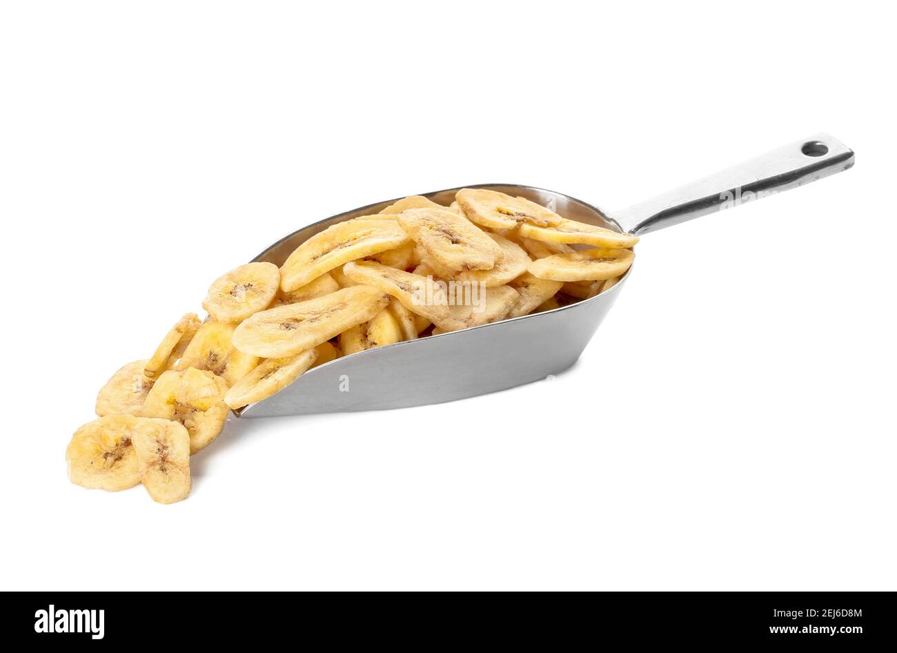 Scoop of crispy banana chips on white background Stock Photo Alamy