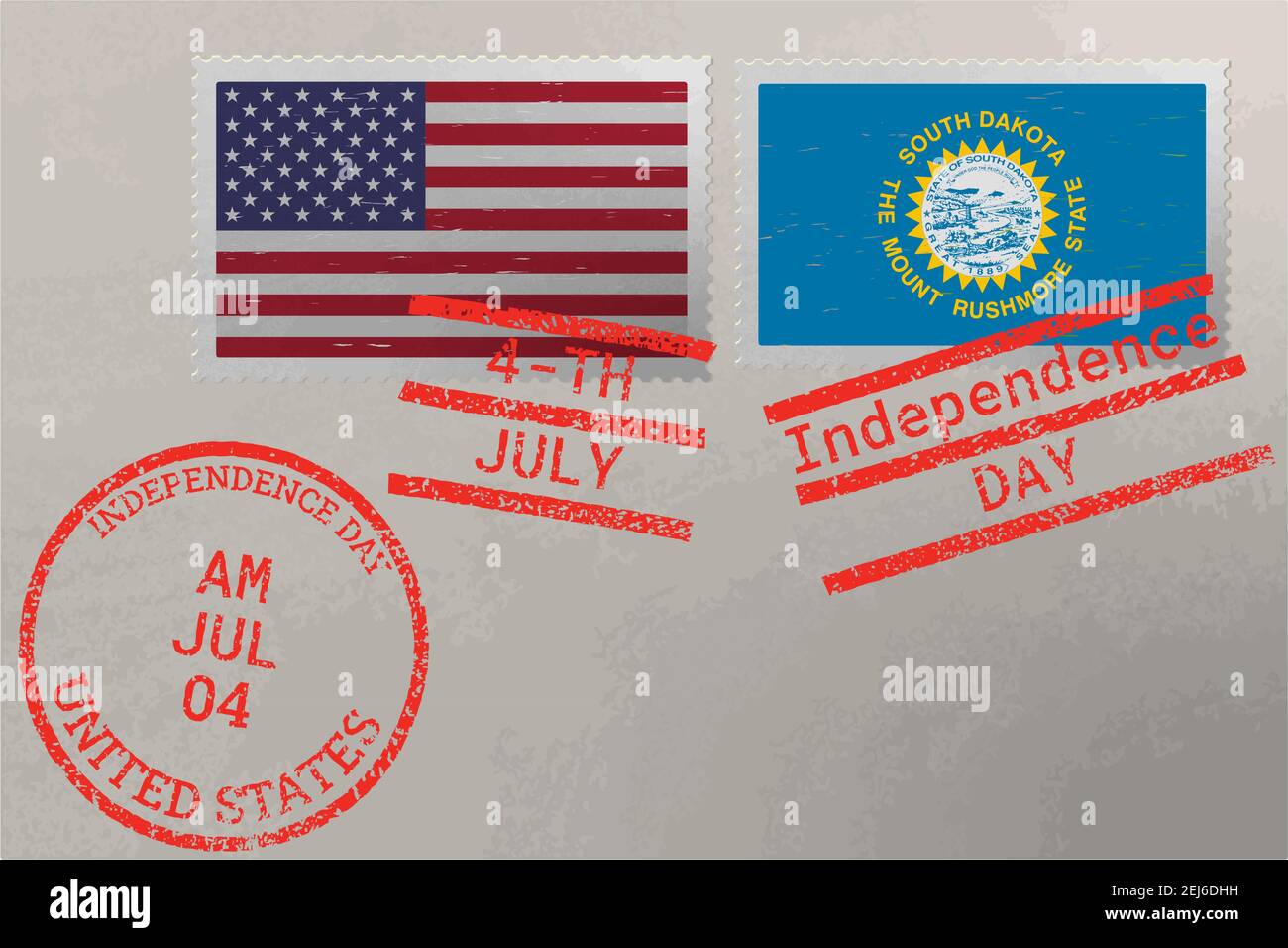 Postage stamp envelope with South Dakota and USA flag and 4-th July stamps, vector Stock Vector