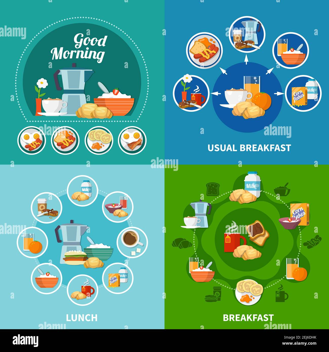 Various breakfast and lunch dishes and drinks 2x2 icons set isolated on ...