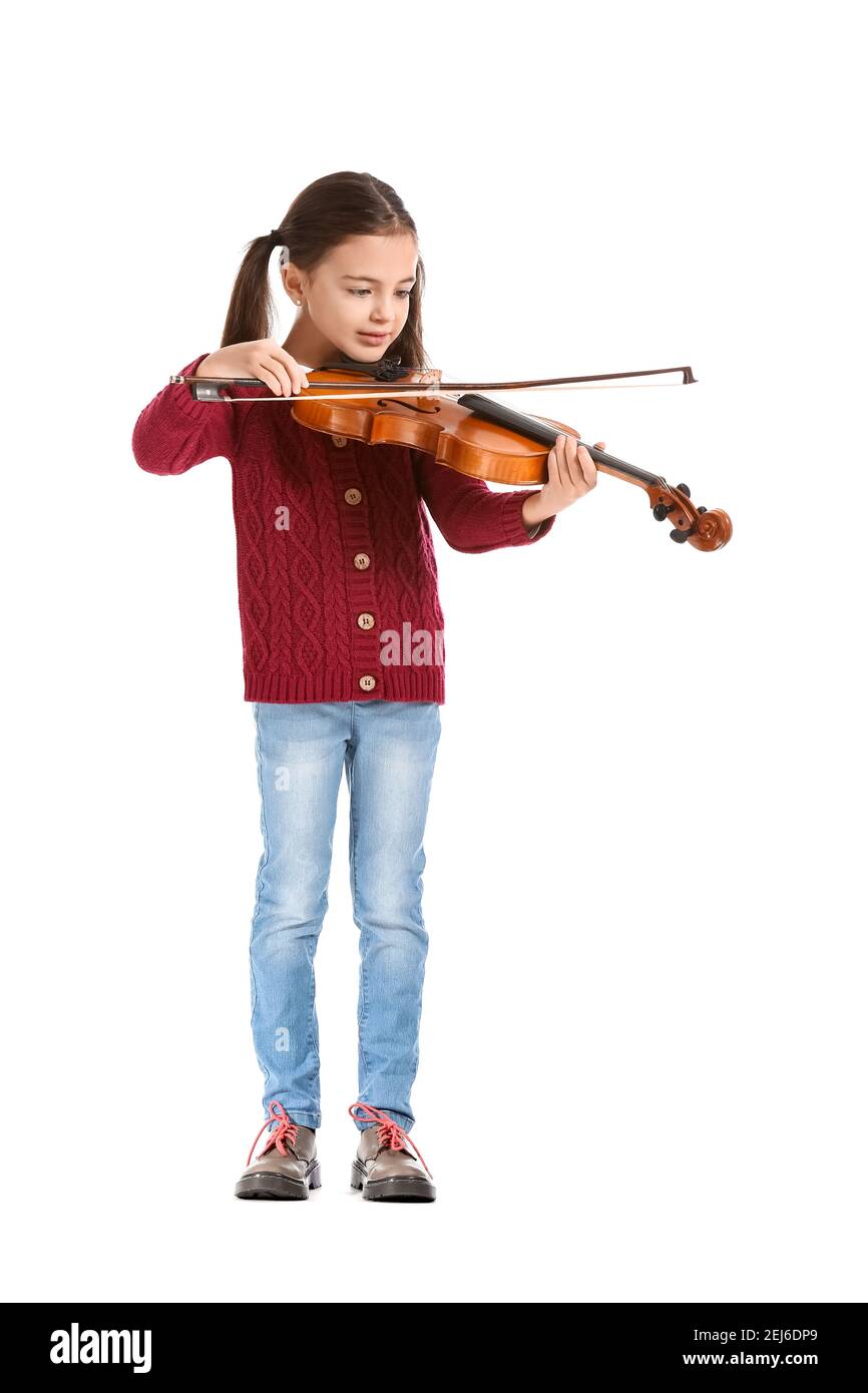 Little girl playing violin on white background Stock Photo - Alamy