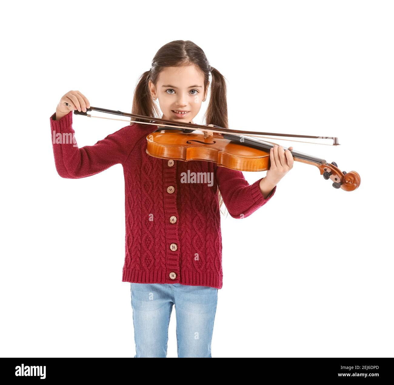 Little girl playing violin on white background Stock Photo - Alamy