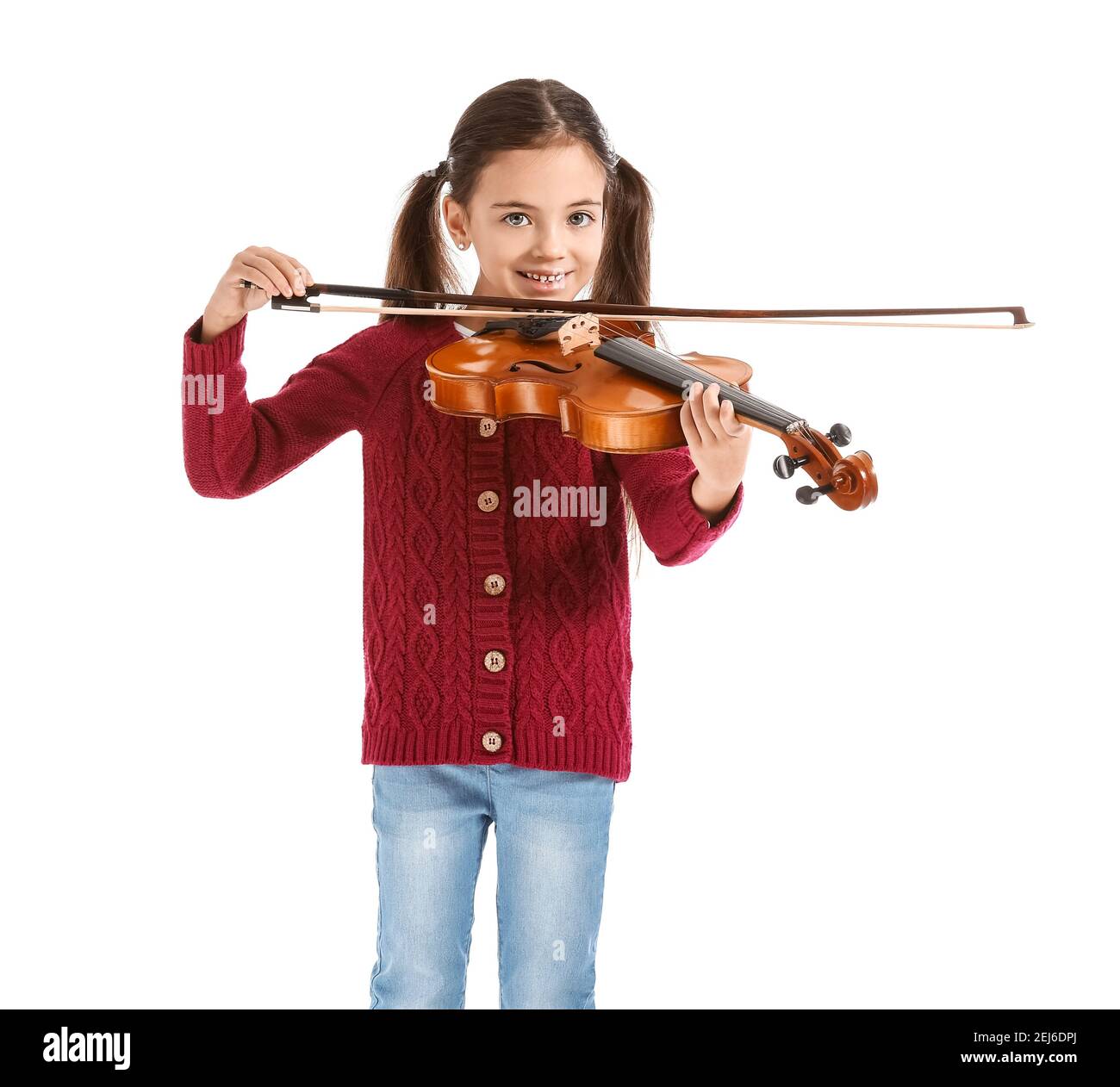 Little girl playing violin on white background Stock Photo - Alamy
