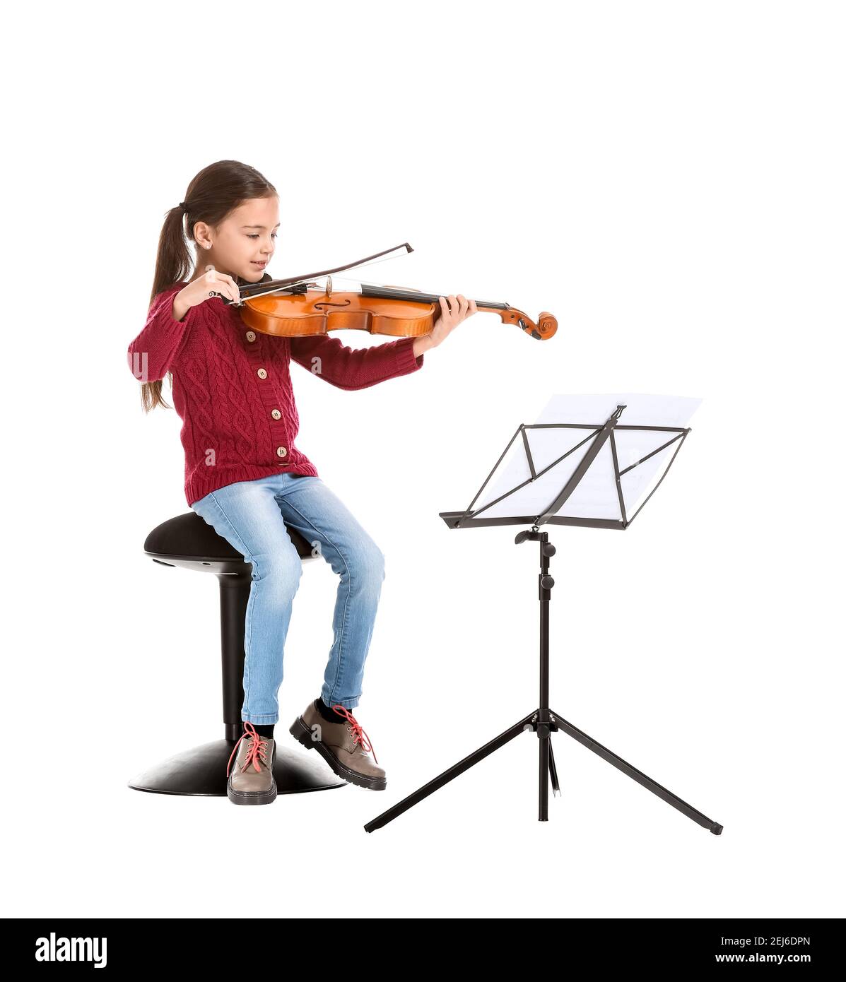 Little girl playing violin on white background Stock Photo - Alamy