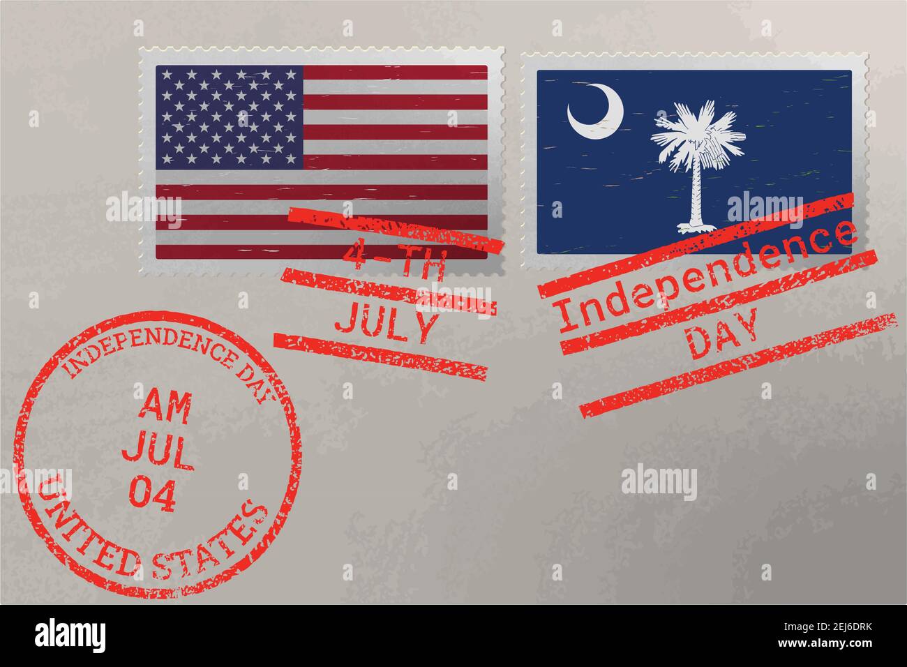 Postage stamp envelope with South Carolina and USA flag and 4-th July stamps, vector Stock Vector