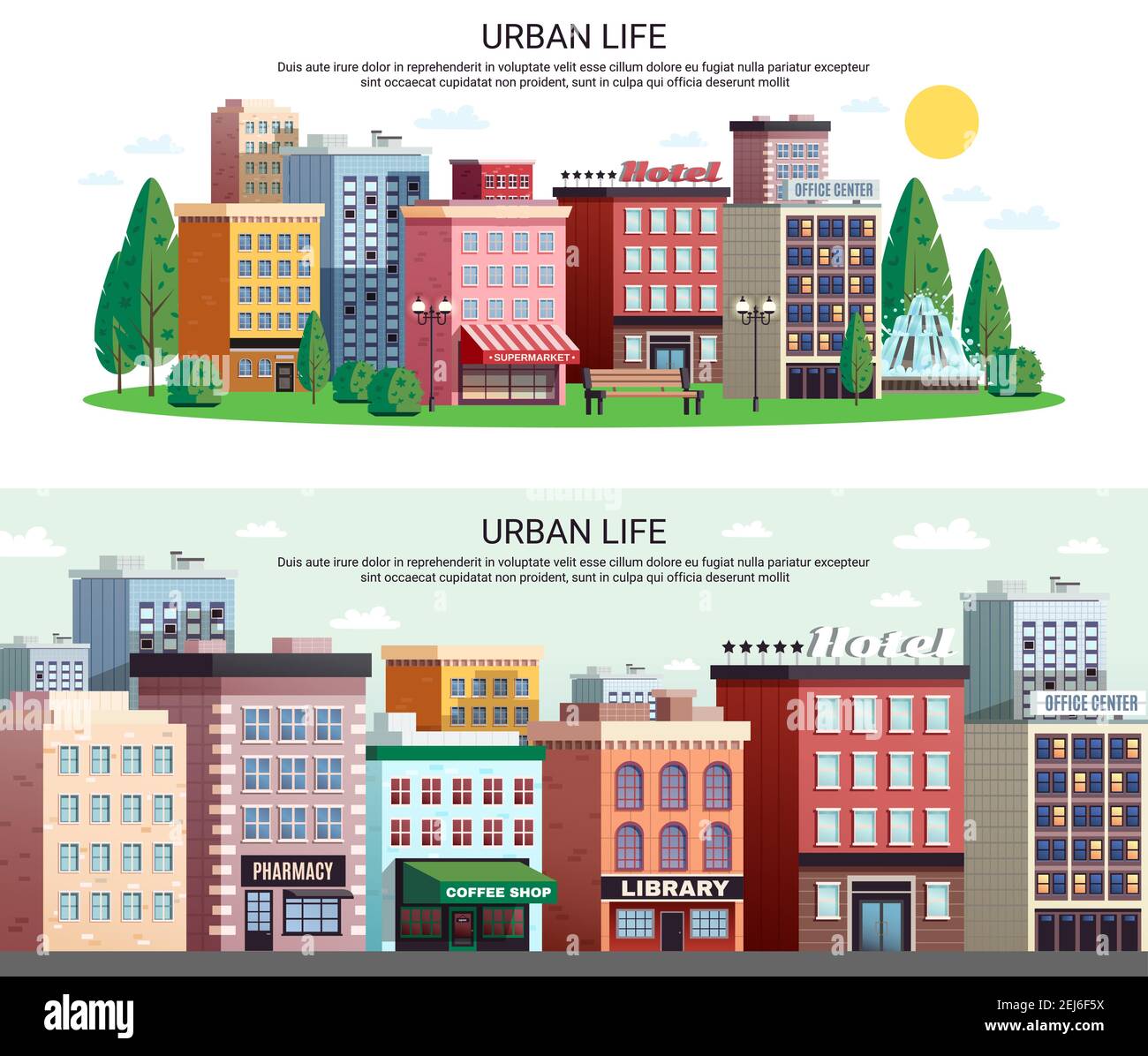 Urban life horizontal banners with picturesque town center shopping area houses with zoom effect isolated vector illustration Stock Vector