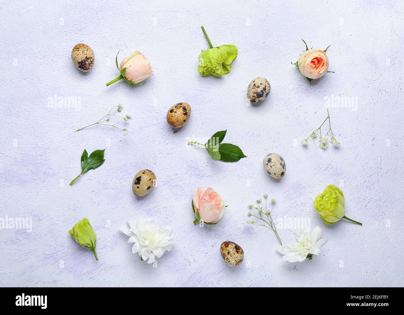Composition with Easter eggs and spring flowers on light background ...