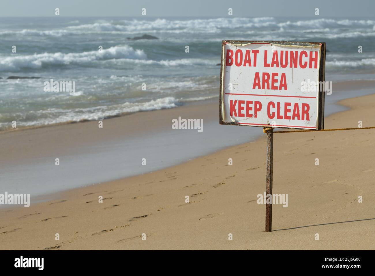 Sign, signage on beach, keep clear, boating activity, communication to people using seashore, Durban, South Africa, coastal landscape, seascape, ocean Stock Photo