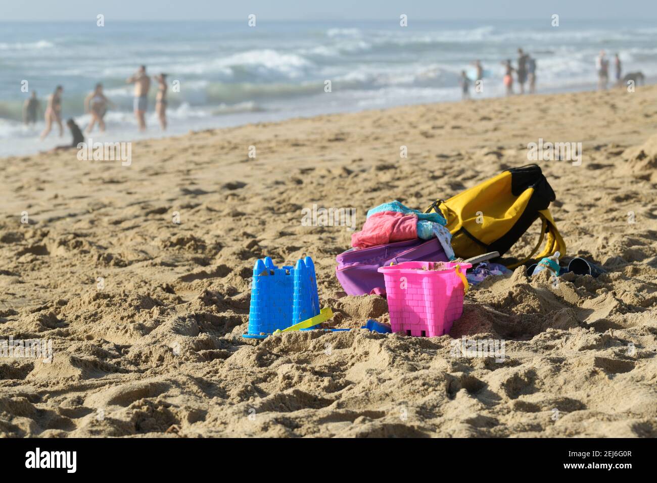 Child beach toys, still life, summer holiday, bucket, objects, seaside vacation, Durban, South Africa, things, backgrounds, accessories, collection Stock Photo