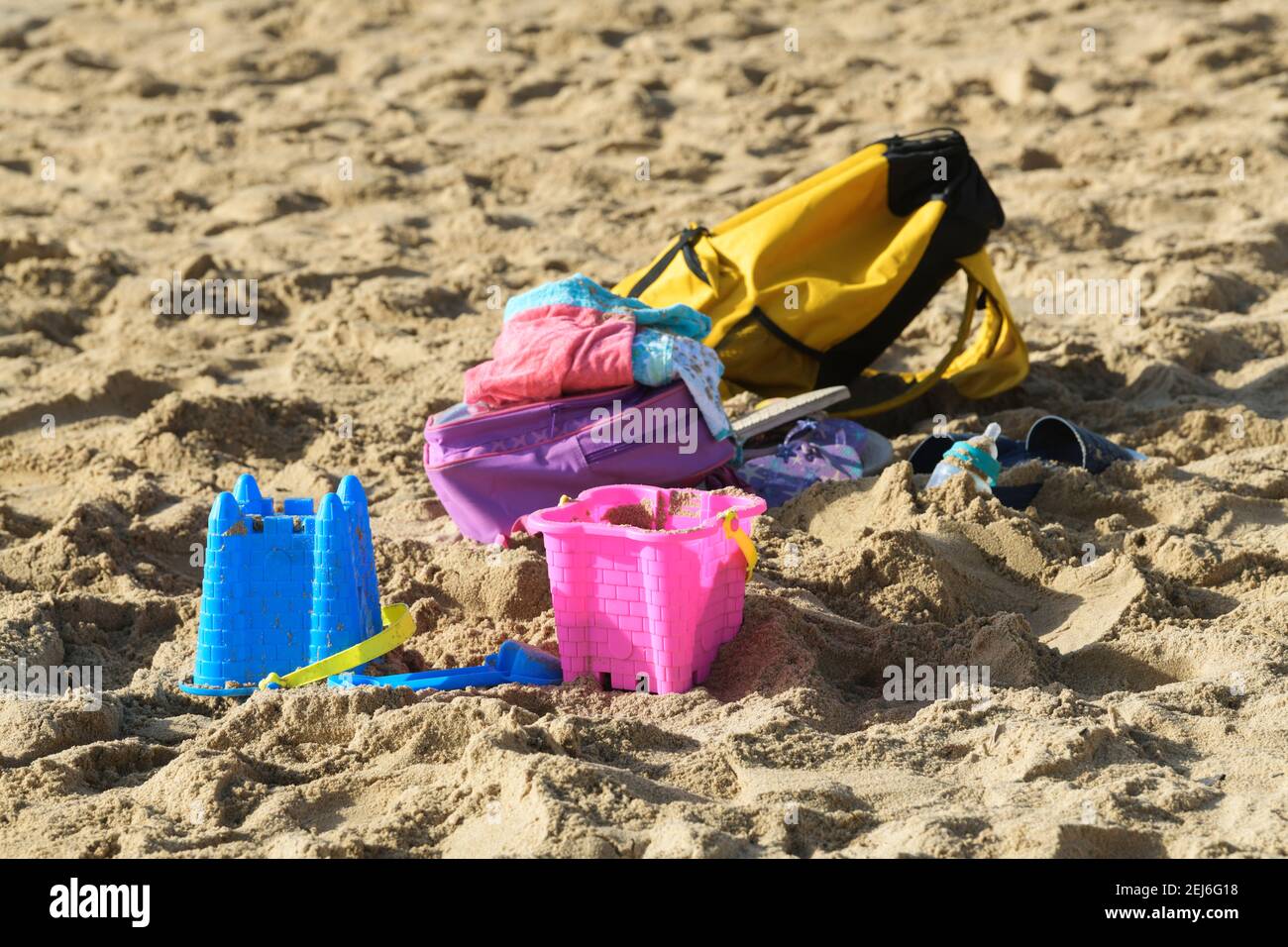 Toys, objects, beach play, seaside holiday, summer vacation, still life, Durban, South Africa, accessories, leisure things, collection of things Stock Photo