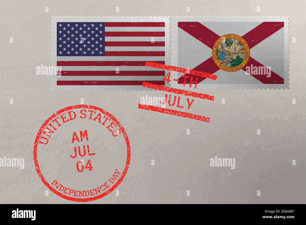 Postage stamp envelope with Florida and USA flag and 4-th July stamps, vector Stock Vector
