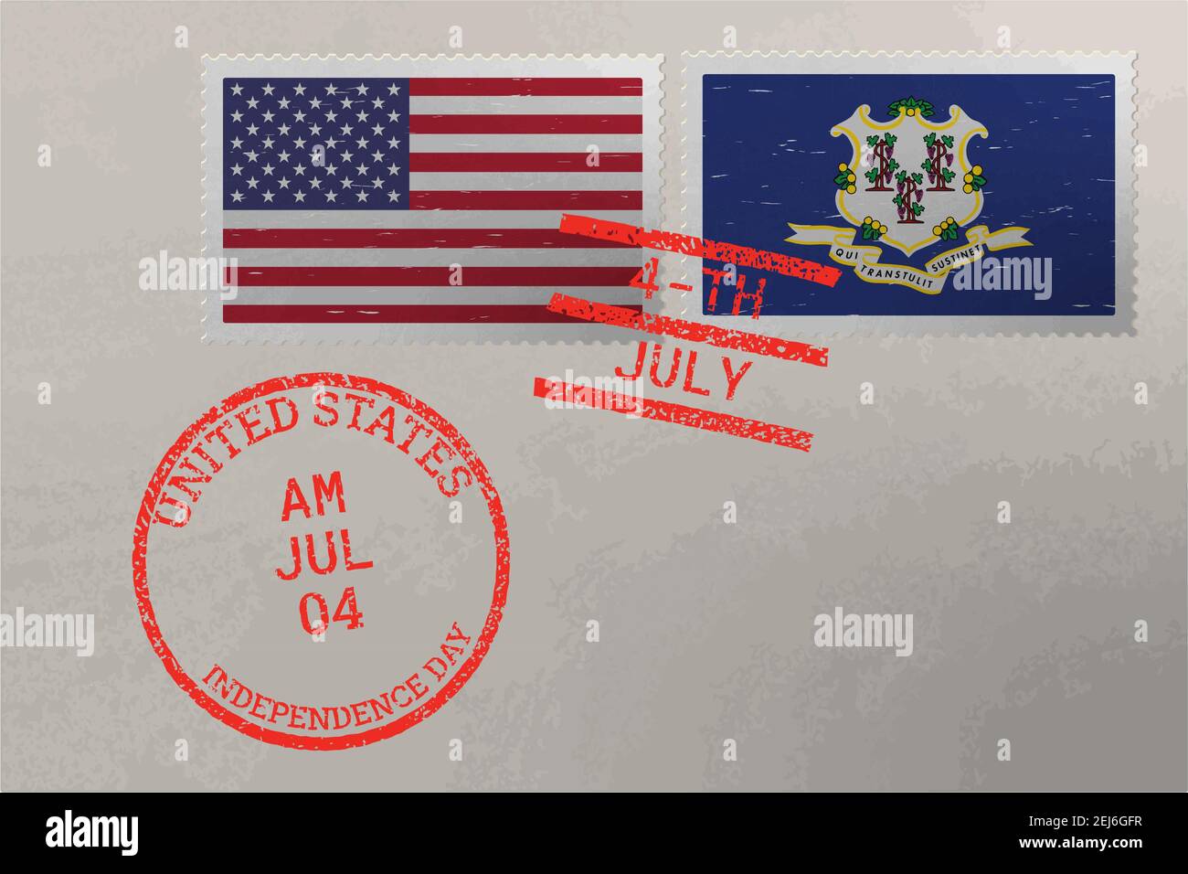 Postage stamp envelope with Connecticut and USA flag and 4th July