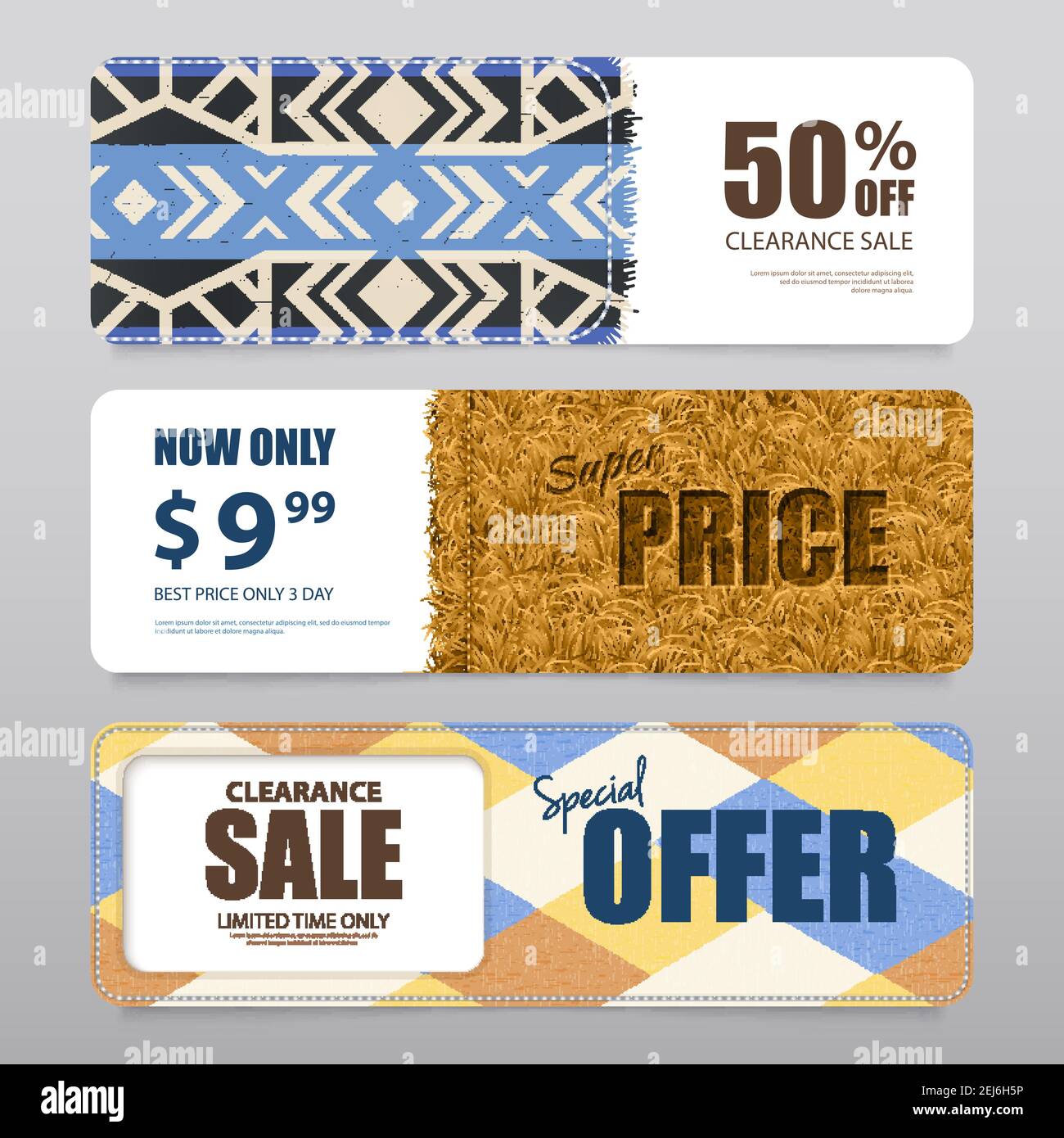Carpet rugs floor covering sale discount offer texture samples 3 realistic horizontal banners set isolated vector illustration Stock Vector