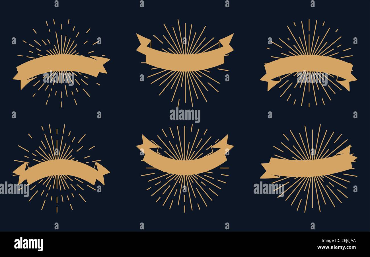 Retro silhouette gold ribbons with sunburst, icon set. Empty different ...