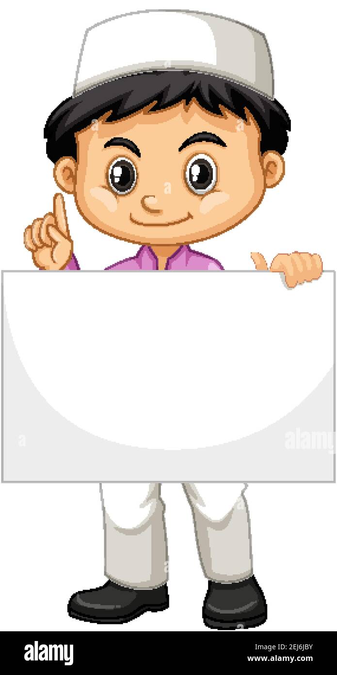 Cute young boy cartoon character holding blank banner illustration ...
