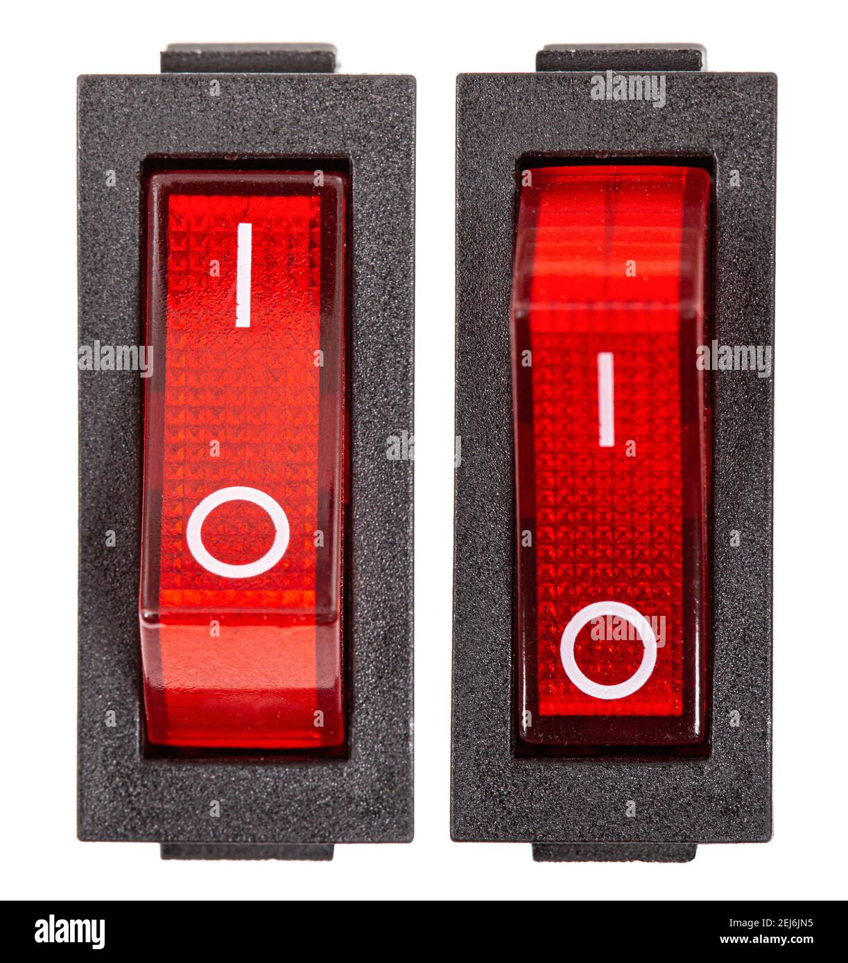 Red power switches at ON and OF position, isolated on white background ...
