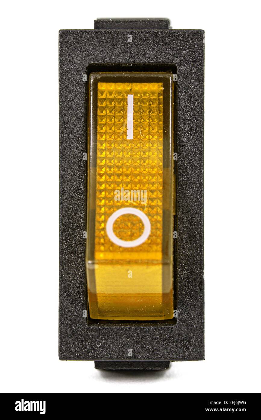 Yellow power switch at ON position, isolated on white background Stock ...