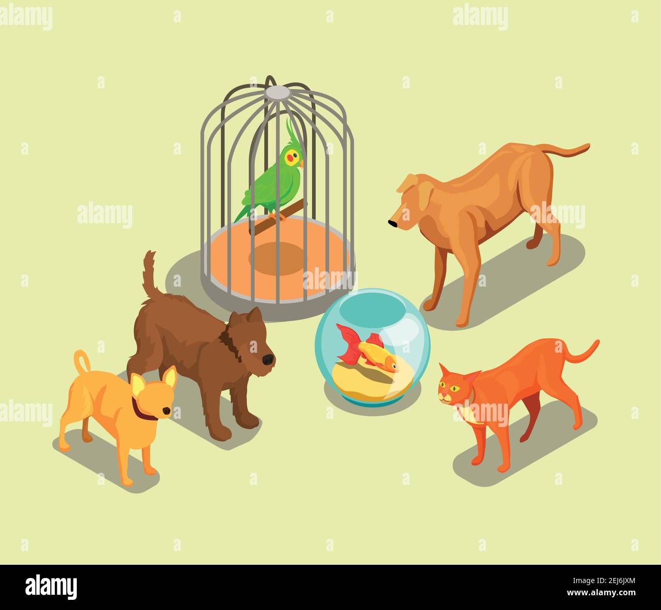 Pet shop isometric background with parrot in cage goldfish in aquarium cat and dogs of different breeds vector illustration Stock Vector