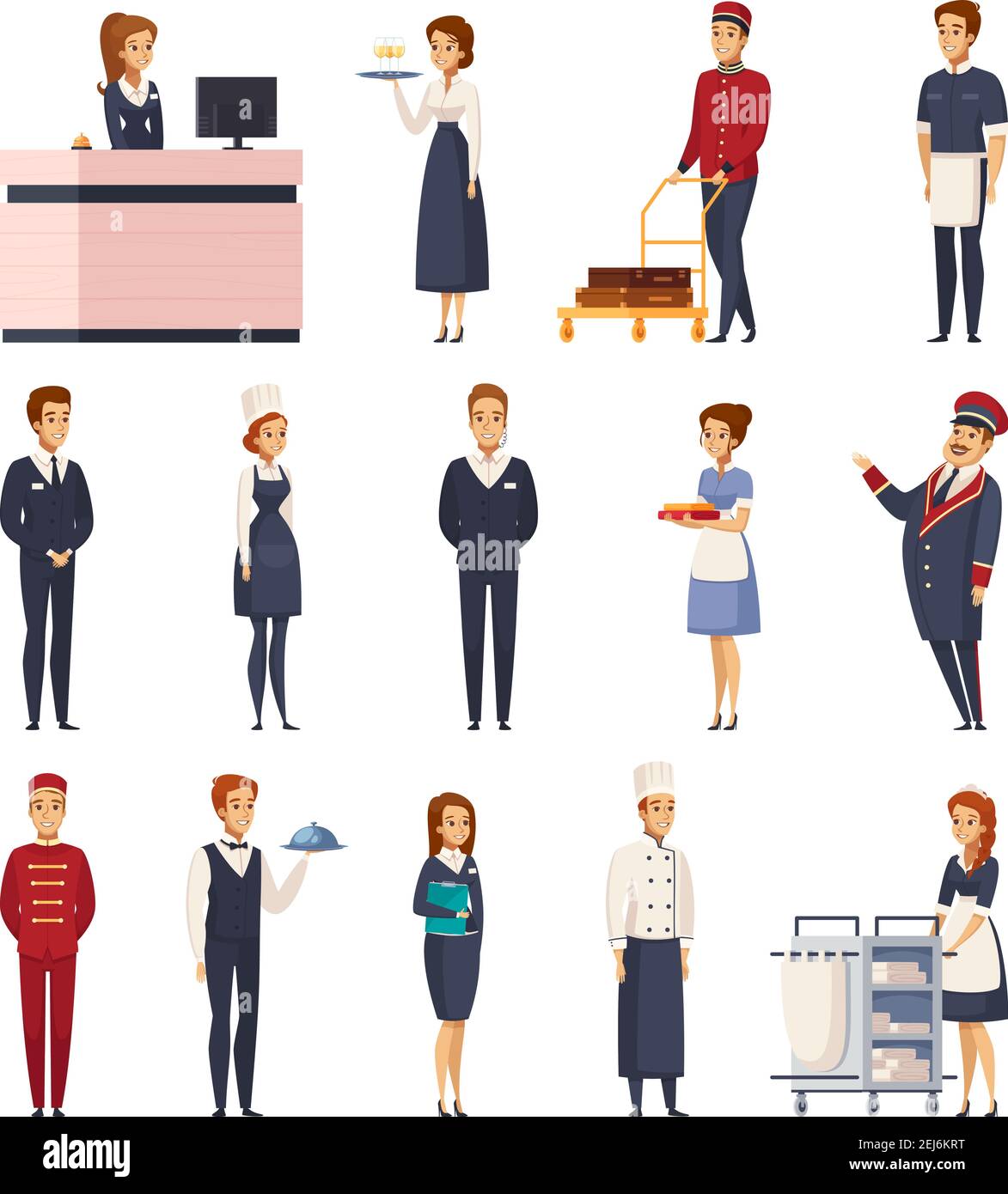 Hotel staff cartoon set of isolated icons representing bellboy maid doorman receptionist bellman chef concierge waiter vector illustration Stock Vector