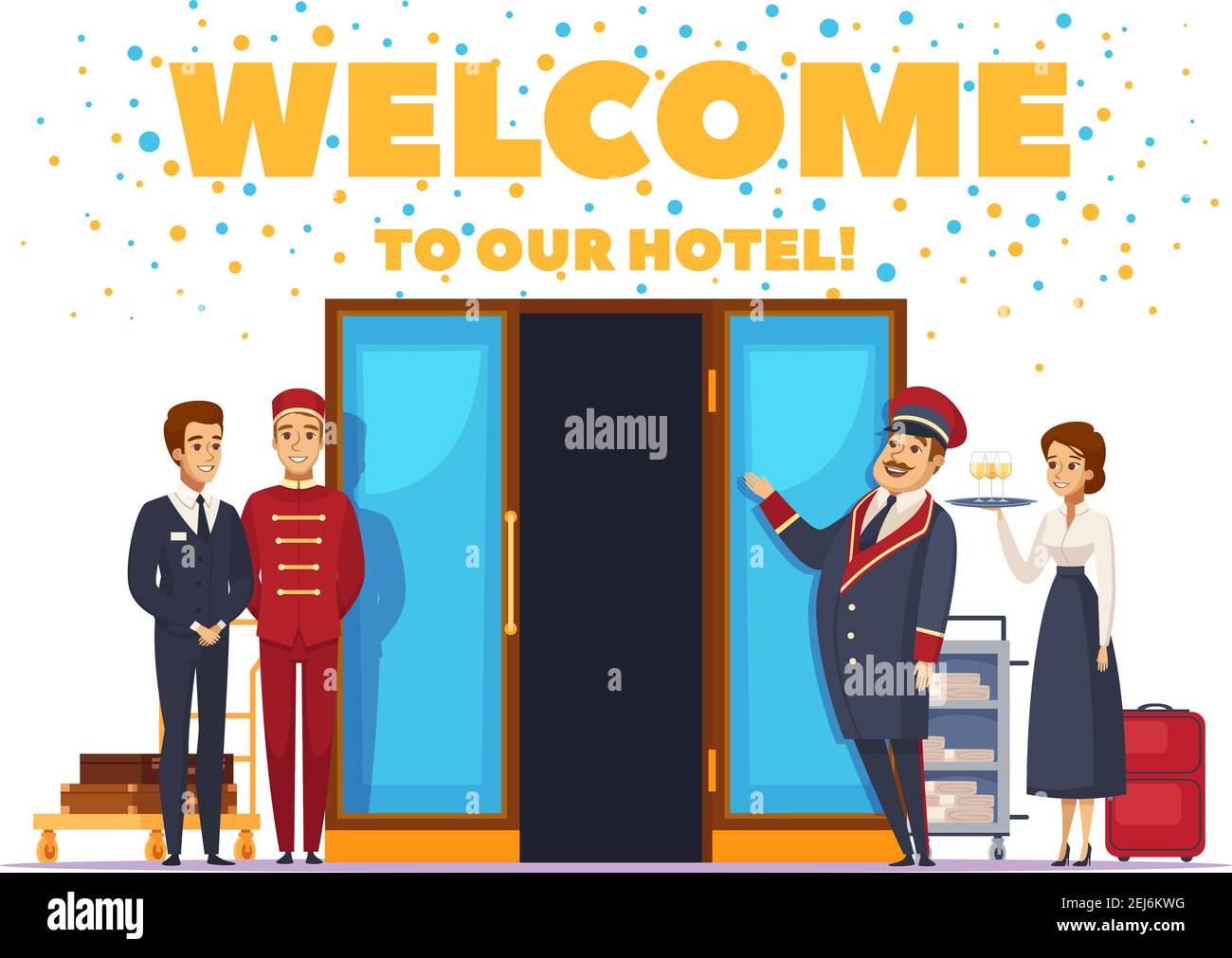 Welcome to hotel cartoon poster with hospitable hotel staff near open doors vector illustration Stock Vector
