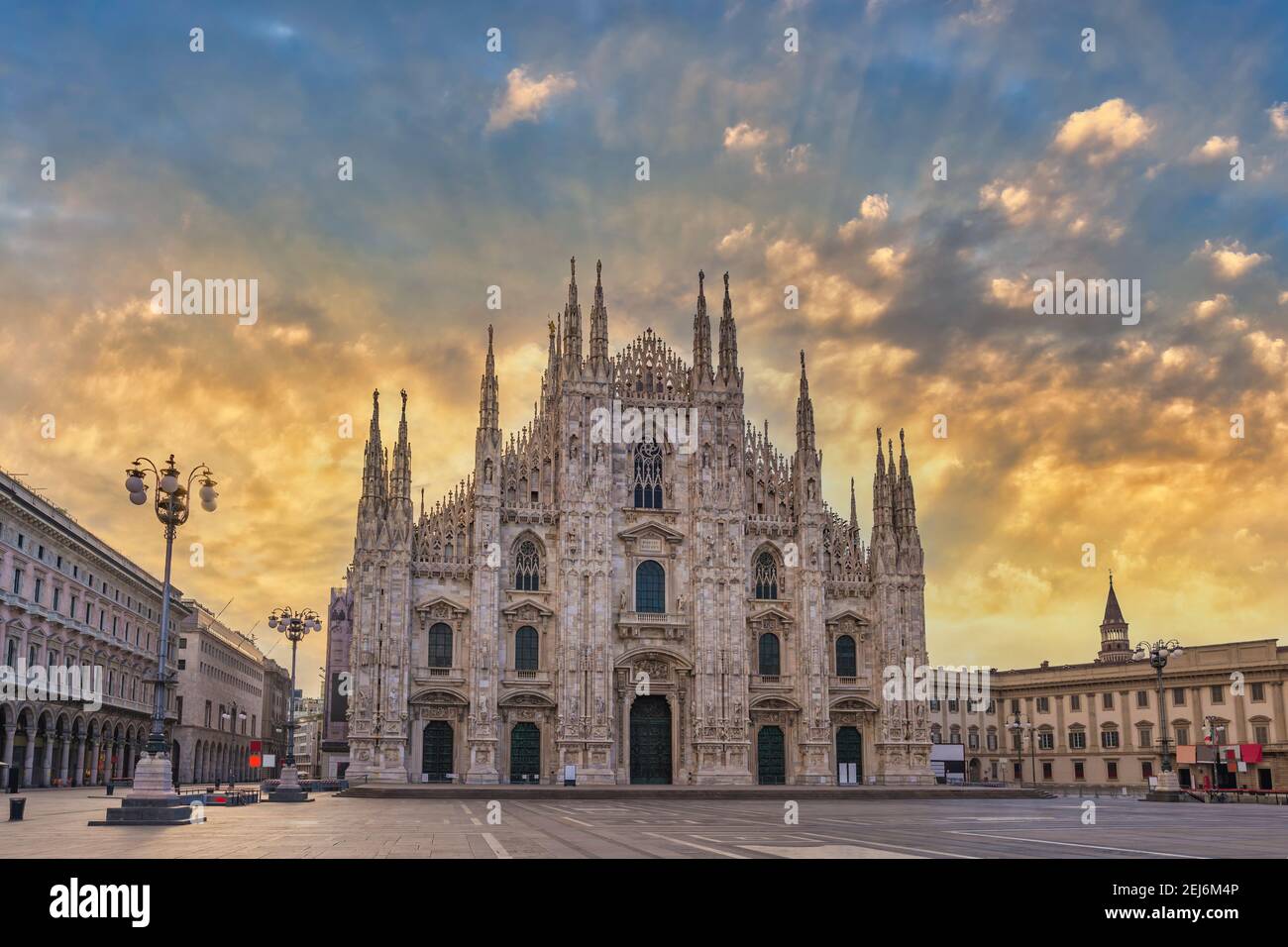 Milan Italy, sunrise city skyline at Milano Duomo Cathedral empty nobody Stock Photo