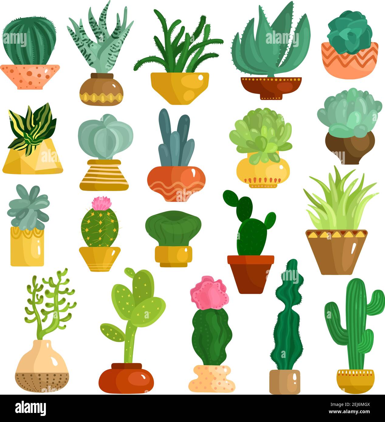 Cacti and succulents in pots flat icons collection with aloe agave kalanchoe opuntia euphorbia isolated vector illustration Stock Vector
