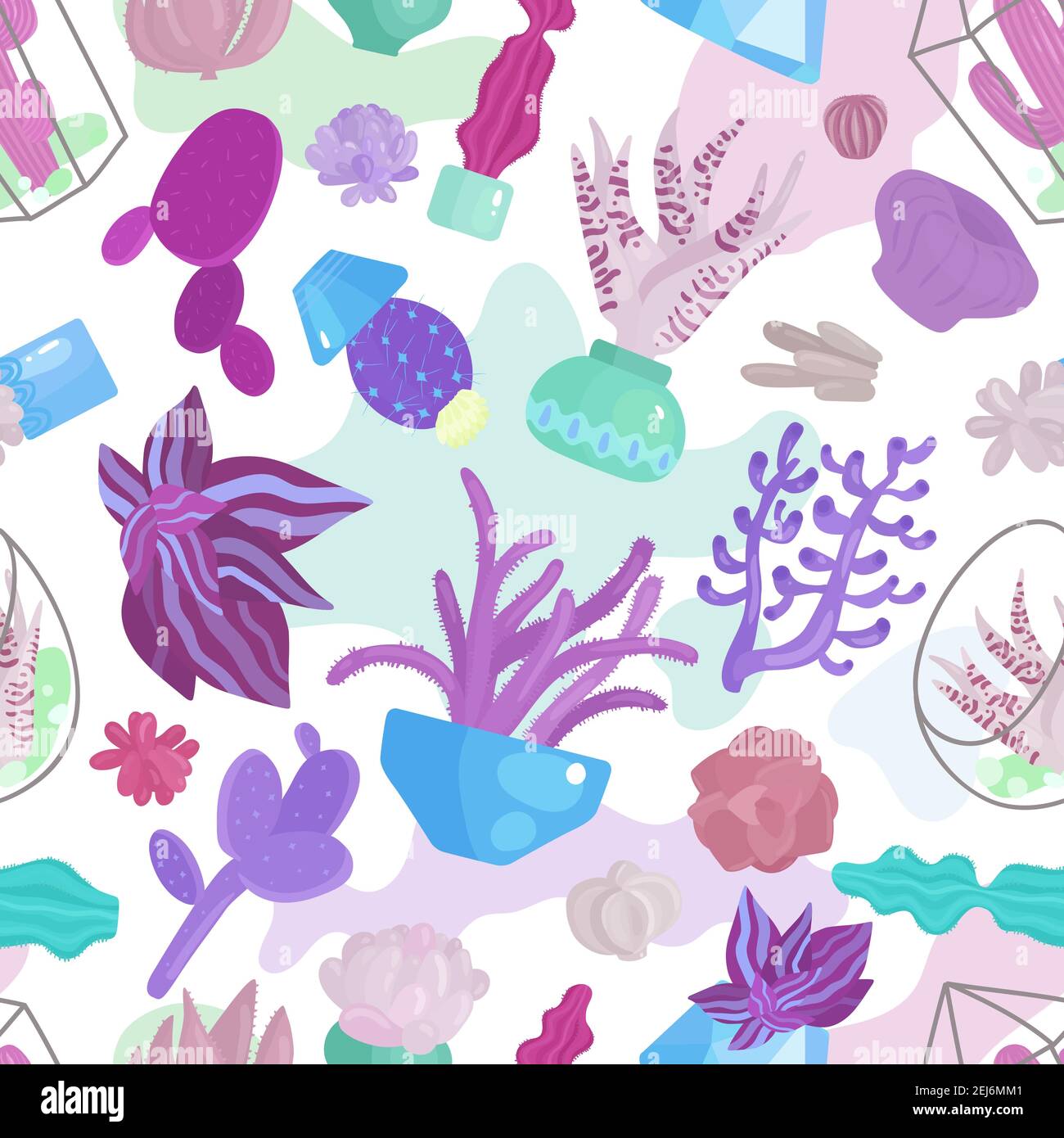 Succulents seamless pattern with different plants symbols flat vector illustration Stock Vector