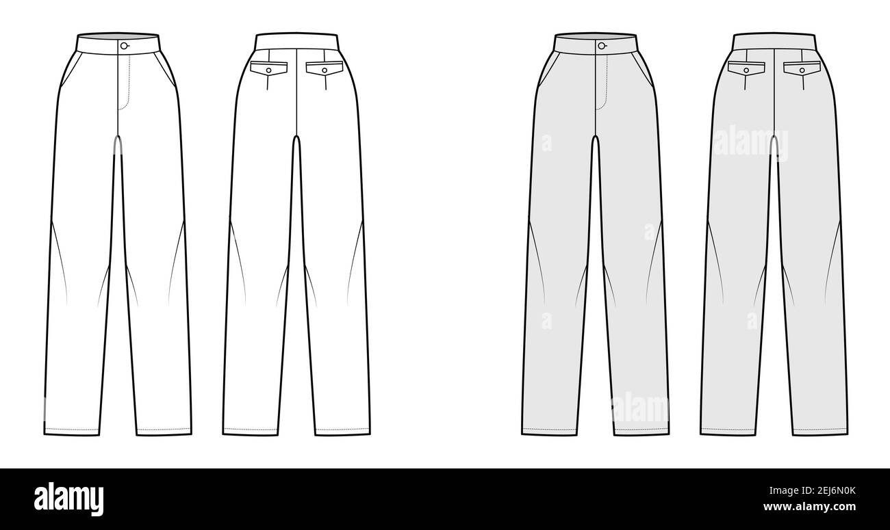 Pants straight technical fashion illustration with flat front normal  waist high rise full length slant flap pockets Flat trousers template  back white grey color Women men unisex CAD mockup Stock Vector Image
