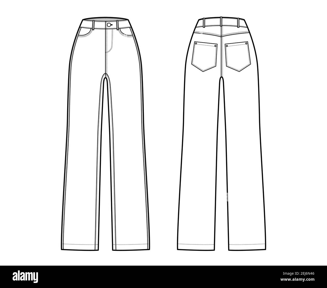Straight Jeans Denim pants technical fashion illustration with full length,  normal waist, high rise, 5 pockets,