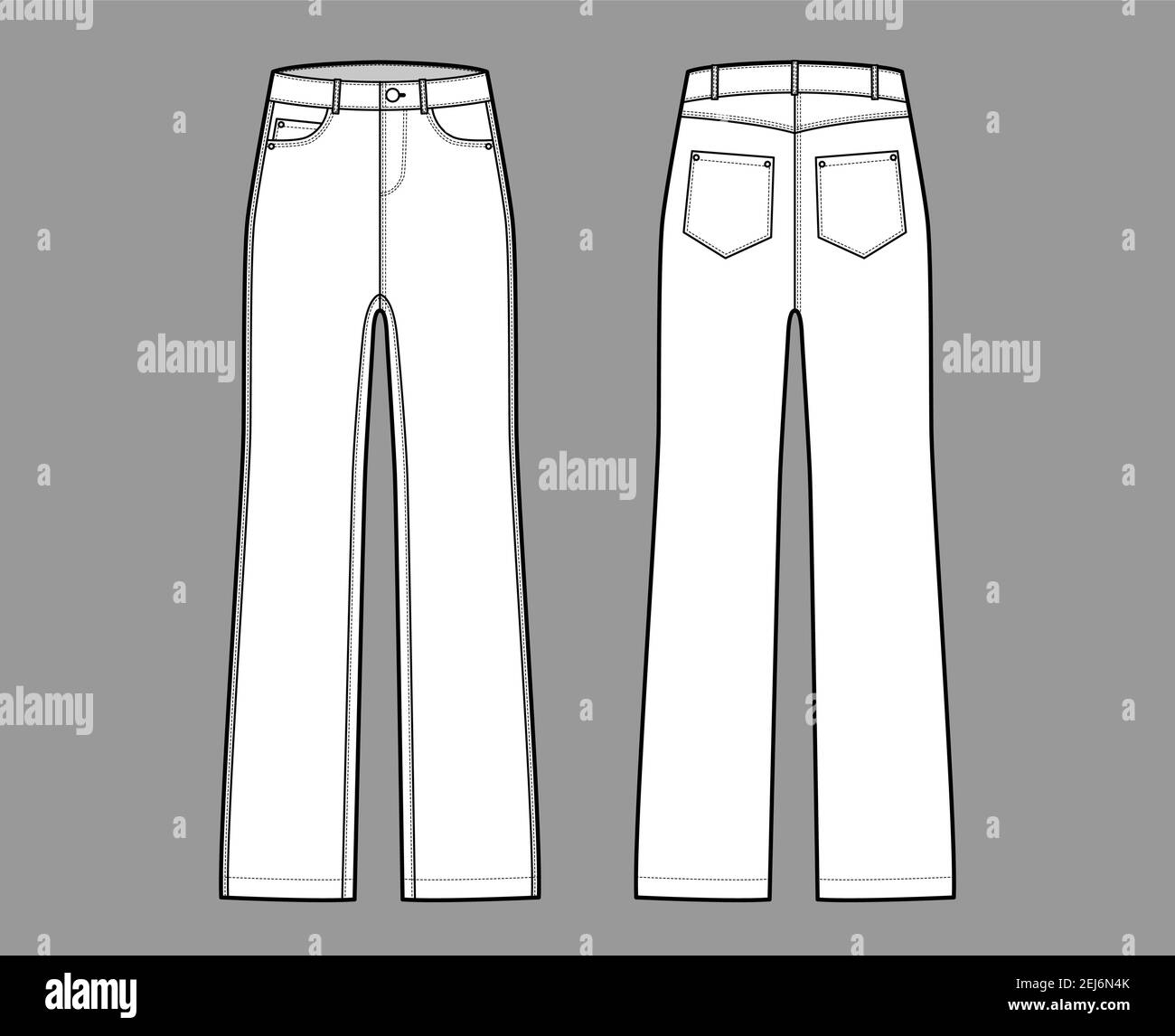 Download Jeans Denim Pants Technical Fashion Illustration With Full Length Low Waist Rise 5 Pockets Belt Loops