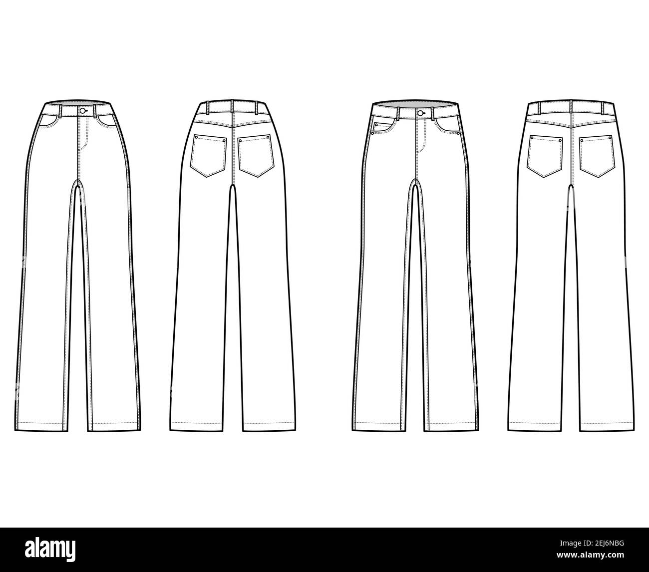 Set of Jeans Denim pants technical fashion illustration with full length,  normal low waist, high rise,