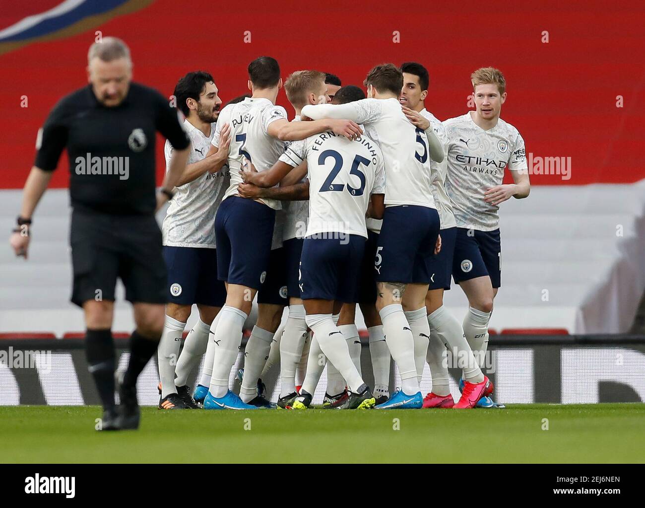 London, Britain. 21st Feb, 2021. Manchester City's players celebrate during the English Premier League football match between Arsenal and Manchester City at the Emirates Stadium in London, Britain, on Feb. 21, 2021. Credit: Han Yan/Xinhua/Alamy Live News Stock Photo