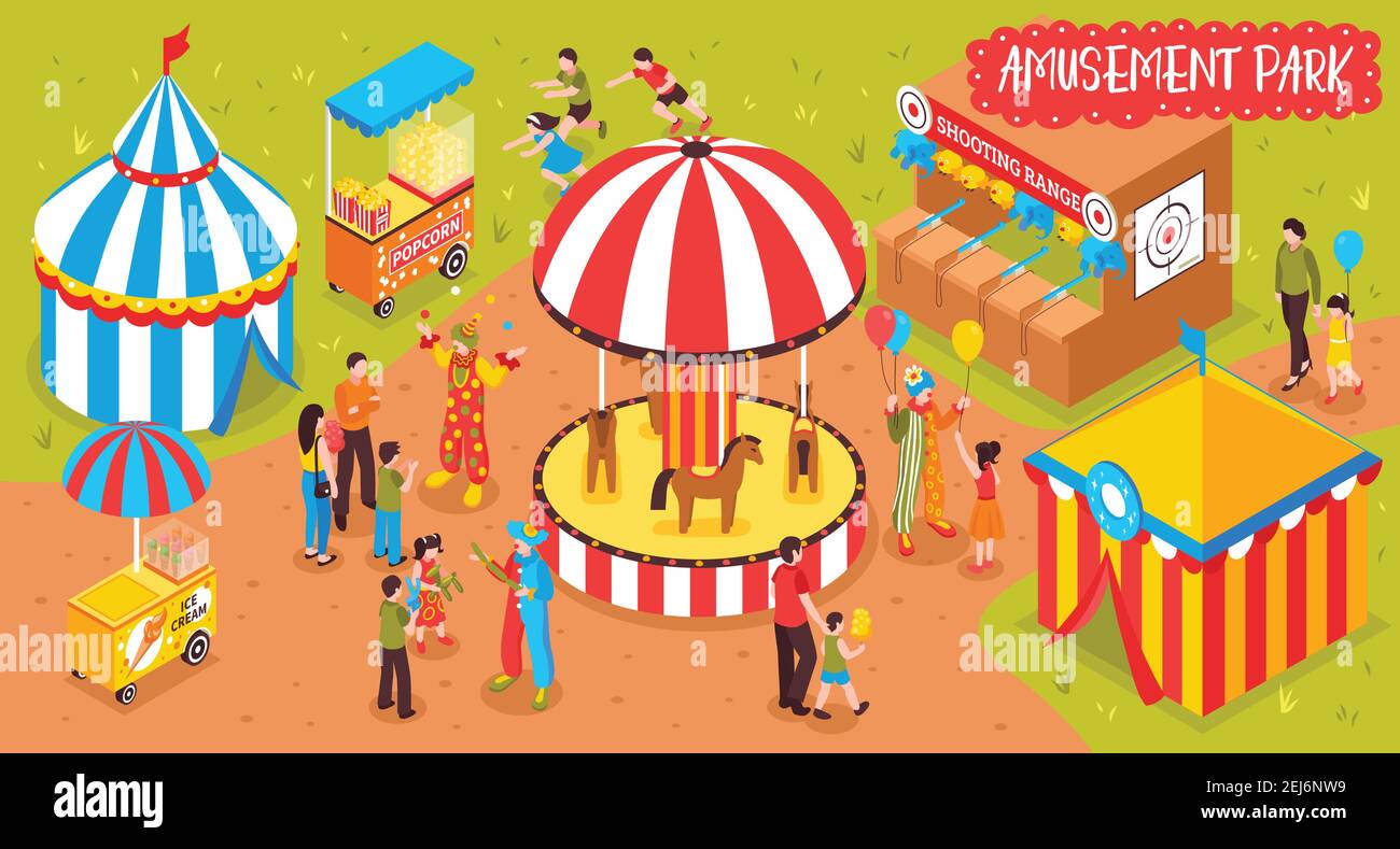 Isometric amusement park circus horizontal composition with view of ...