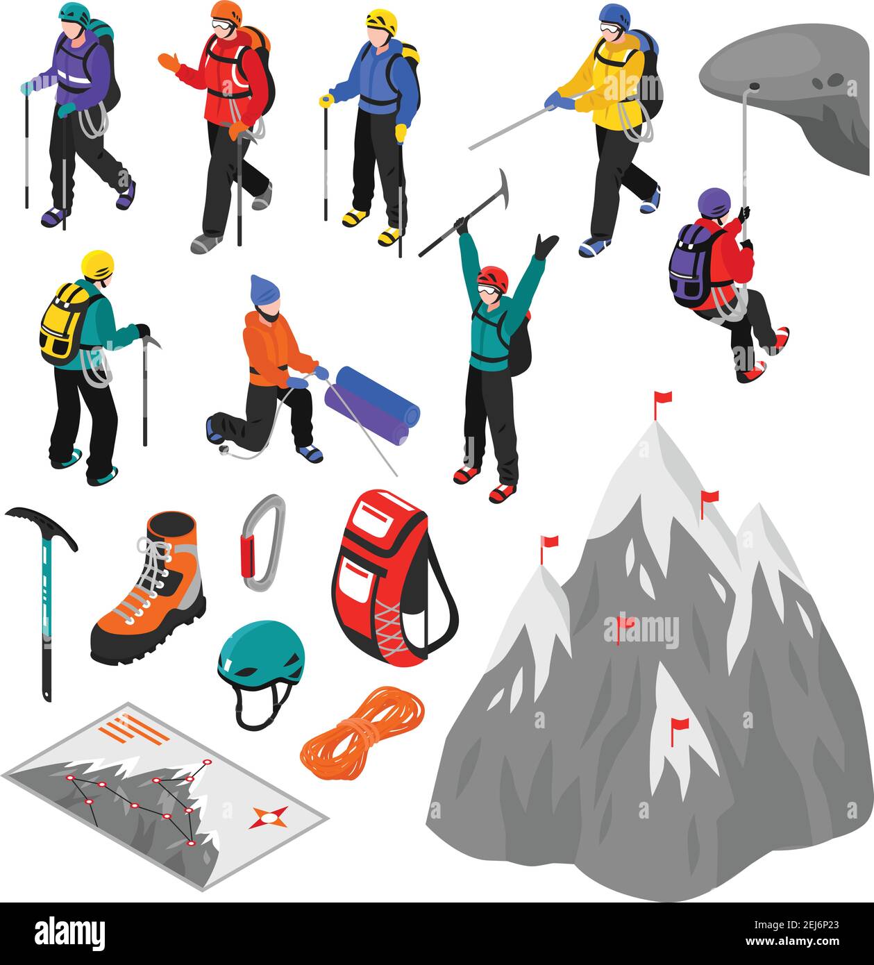 Mountaineering isometric set of touristic equipment and climbers