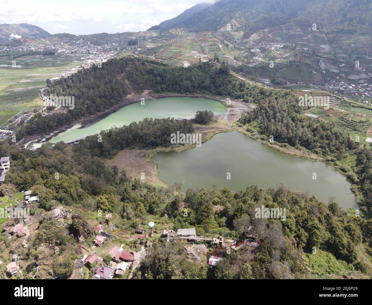 Aerial view of Telaga Warna lake in Dieng Wonosobo, Indonesia Stock